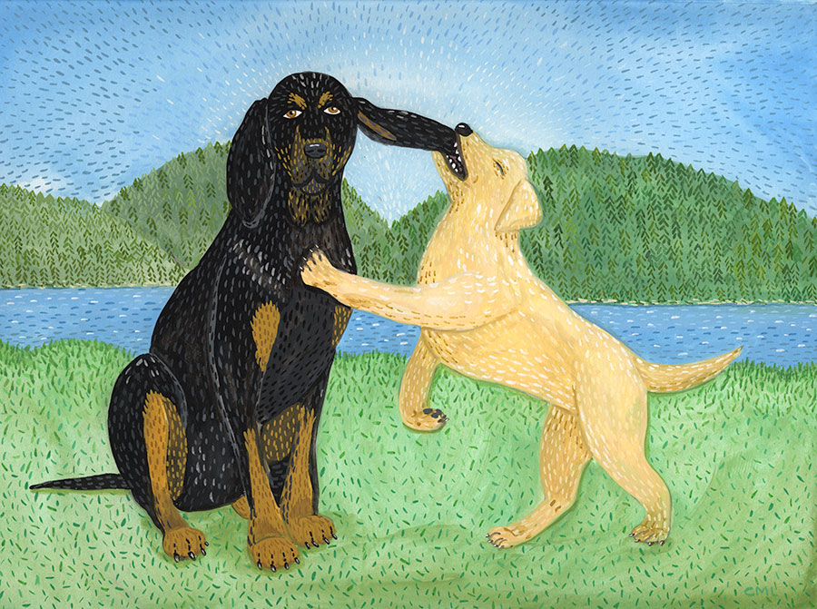 Christine Marie Larsen Illustration of Jet and Bella, black and tan hound and yellow lab puppy