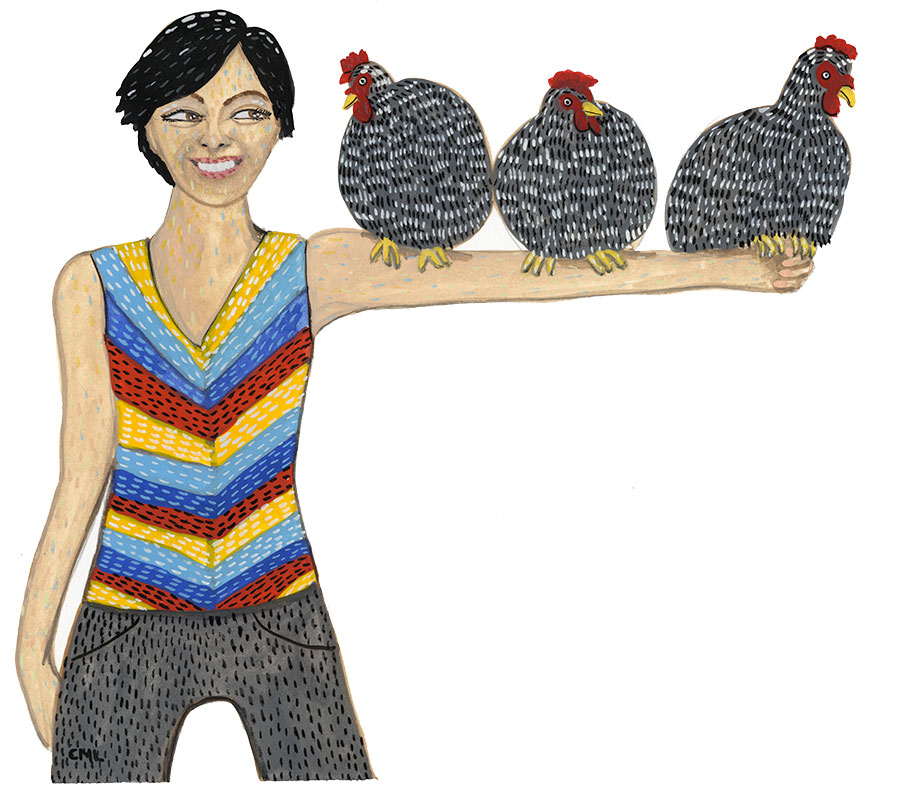Illustration of woman holding three Plymouth Barred Rock Chickens by Christine Marie Larsen