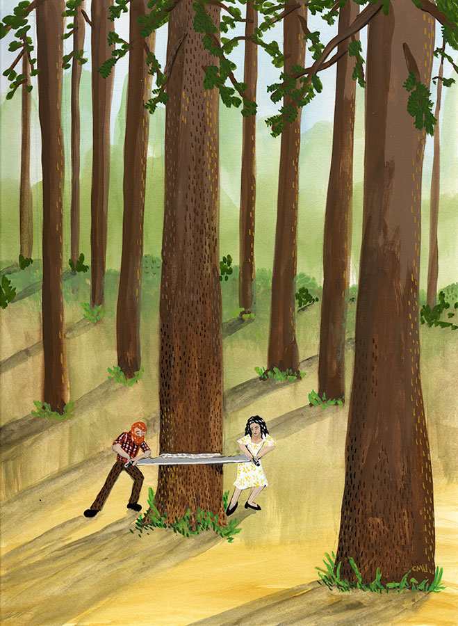 Christine Marie Larsen Illustration of a couple with a crosscut saw cutting down a tall tree