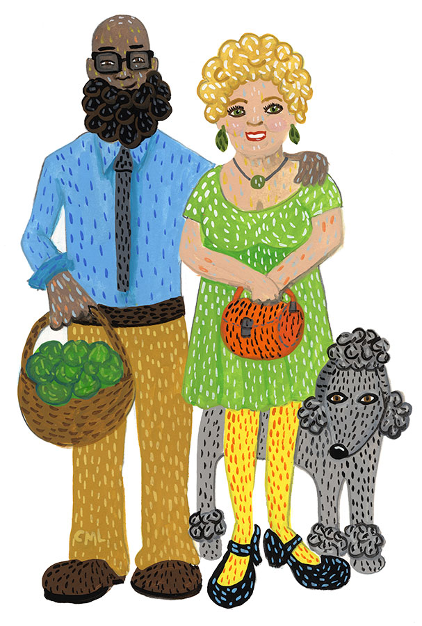 Christine Marie Larsen Illustration of a couple with curly hair and a poodle