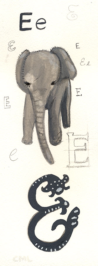 Christine Marie Larsen Illustration of a baby elephant and the letter e