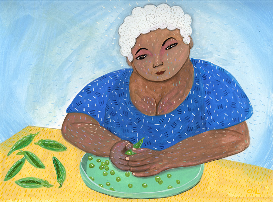 Christine Marie Larsen Illustration of a Woman Shelling Peas kidlitart
