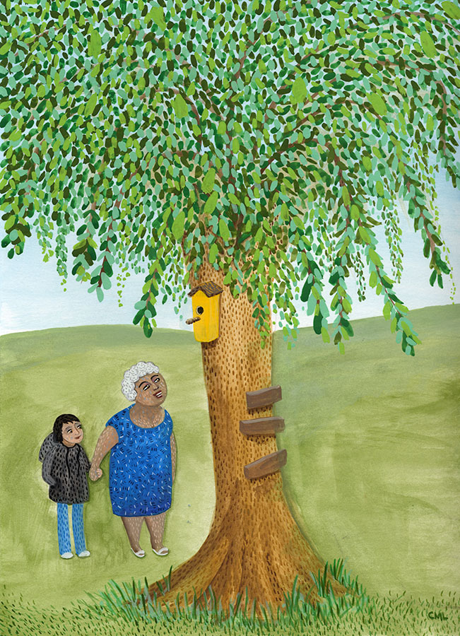 Christine Marie Larsen Illustration of a woman and girl looking at a birdhouse in a tree. KidLitArt