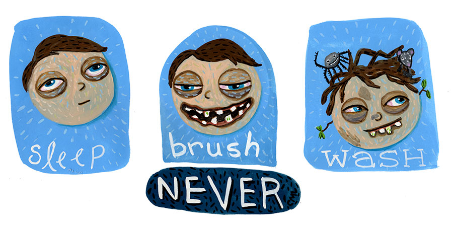 Christine Marie Larsen Illustration of a boy who never sleeps, brushes teeth, or washes.